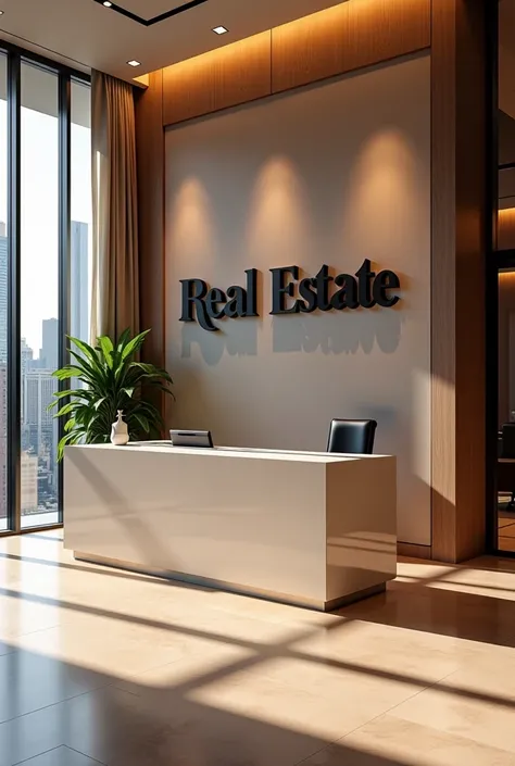 This image is、 It depicts a sleek, simple, modern office reception desk。
 The main wall has 「Real Estate」 is a 3D design and 、 The font used combines warm shades of gothic 、The color is black 。
In the office、 includes delicate details such as dark wood tab...