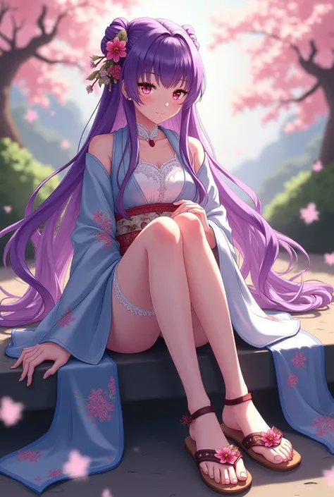 Yae miko,sitting,showing feet,sandals