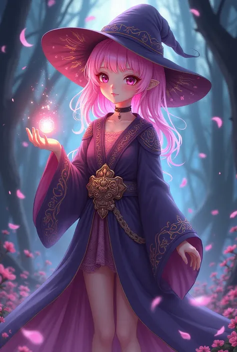 Need an anime character who is a witch, use pink as a main color, holding a small Mata on the left.