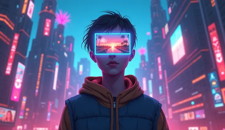 A futuristic illustration depicting a person using the memory snap ability. The individual is standing in a vibrant sci-fi cityscape filled with glowing neon lights and towering futuristic buildings. In front of their eyes, a holographic frame is floating,...