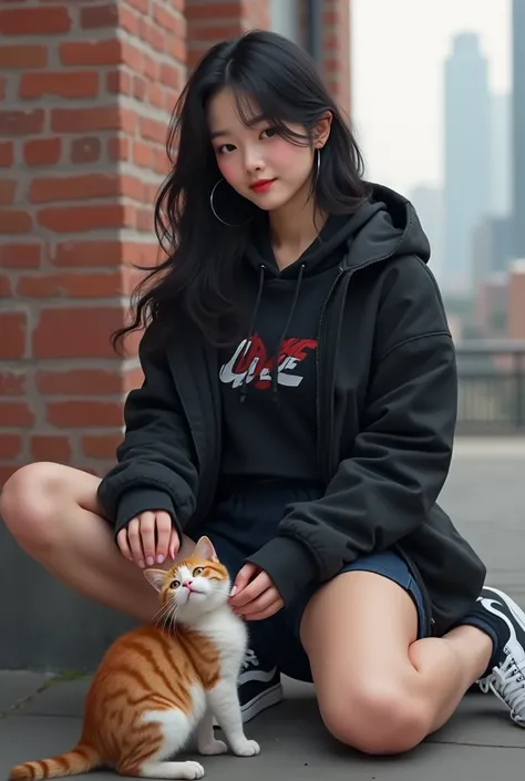 " women in K-pop style &#39;realistic image、korean beauty, length, ウェーブのかかったBlack hair.  The back wall is made of bricks 、The cat walks in 、 She sits and caresses the cat &#39;S head、 Smiling a little 、 She is wearing a black windbreaker over her head ...、...