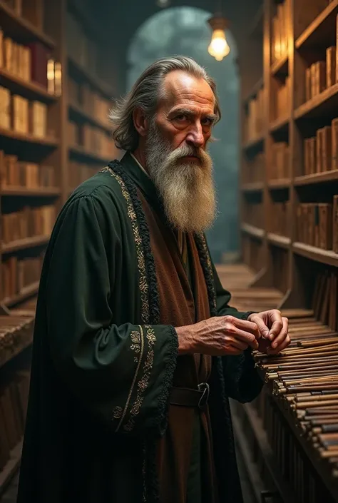 Create a 50 year old man,  green eyes,  short brown hair, Very long beard ,  white skin wearing wizard clothes is at the Ollivander Harry Potter store