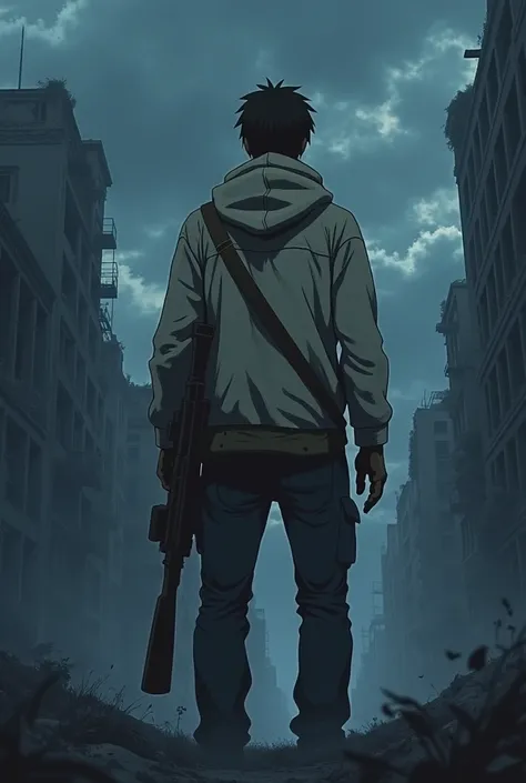 A man in a cream hoodie, a bandage over his left blind eye, and a rifle slung over his shoulder, standing sideways and looking at something from afar, anime art style, night theme, ruined buildings, apocalypse, cloudy atmosphere.