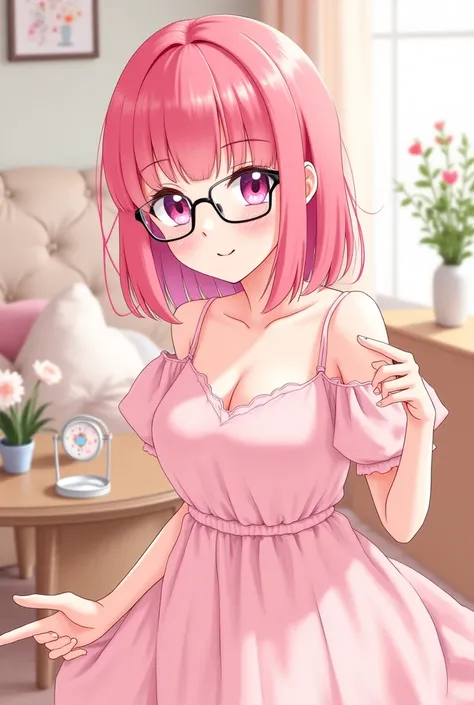 anime girl pink hair pink dress pink stylish glasses with glass lenses cozy home decor in her hand cosmetic bag and there is a small mirror on the table 