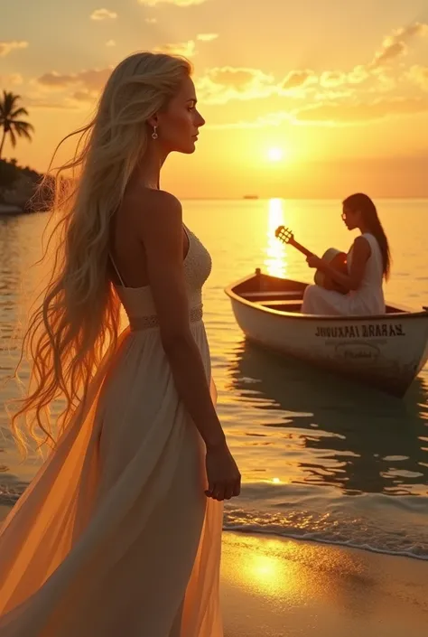 Sunrise on the beach,  woman long hair smooth and iridescent gold,dark-skinned woman with glasses playing the guitar ,  on a boat called Jehovah God of Miracles  