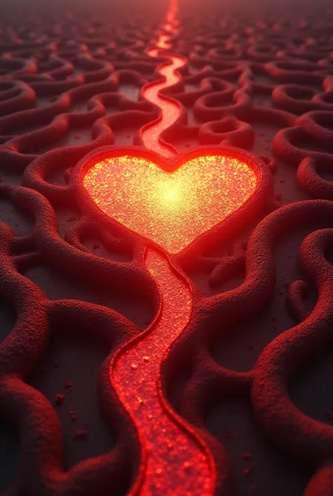 A striking 3D illustration of a heart, engulfed in a blood-stained maze-like network of veins and arteries. Multiple paths lead towards the hearts center, each representing a choice or decision one must make. The heart itself emits a warm, golden glow, sym...