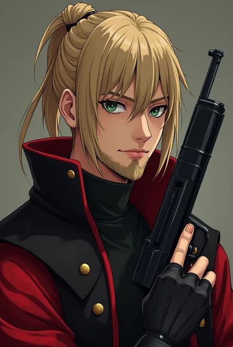 Young man with full body 20 years with dark blond hair and beard tied samurai-style,  dark green eyes,  holding a glock ,  wearing black and red , looking like an agent ,  paranormal warrior ,  anime style 