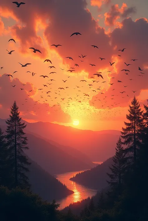 A beautiful natural picture in evening  many birds return ours home