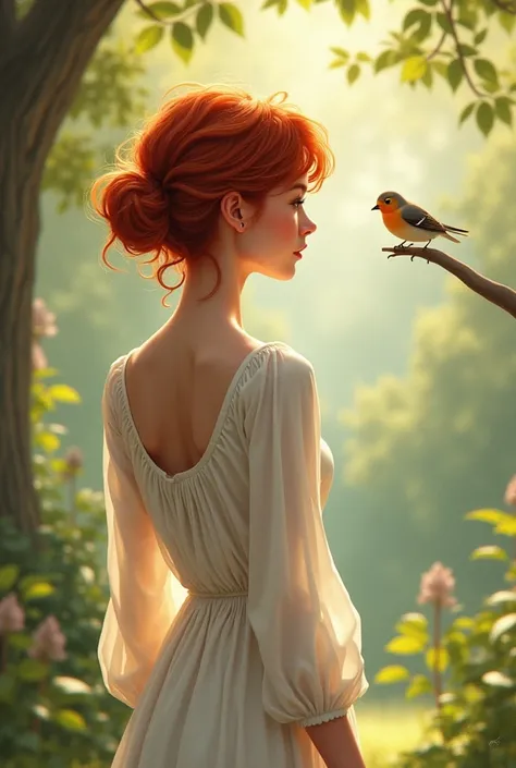 Create a red-haired woman with short, curly hair tied back, viewed from behind, standing and looking at a small bird perched on a slightly distant branch. She should be outdoors in a subtly lit afternoon setting, wearing a slightly flowing white dress with...