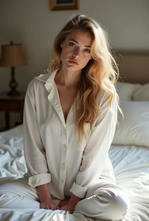 arafed woman sitting on a bed in a white shirt and pants, a picture inspired by Emma Andijewska, tumblr, art nouveau, wearing white pajamas, gorgeous woman, beautiful soft lighting, soft natural lighting, gorgeous soft lighting, gorgeous female, gorgeous l...