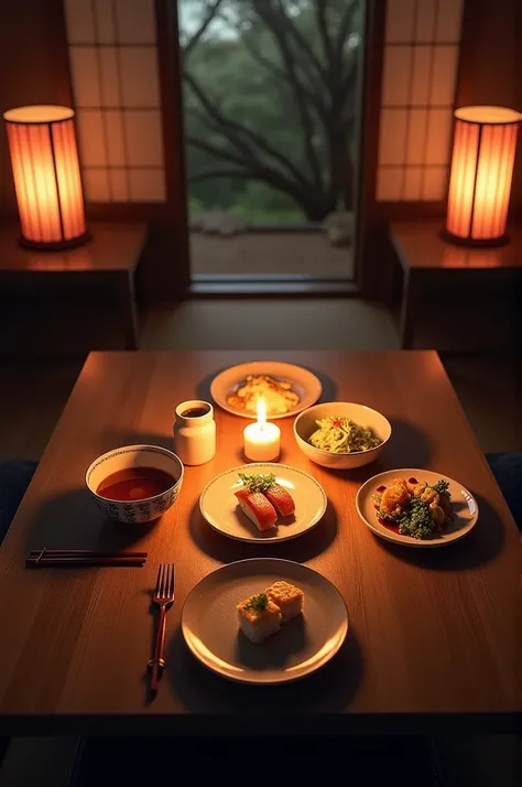 create an image of a romantic dinner in a Japanese restaurant, realistic image, image of just the food, dinner for a couple, completely realistic image, details of a Japanese restaurant, image seen from above, without image of people, without image of lett...