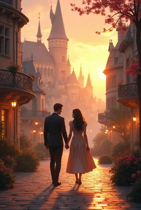 Create a stunning and evocative scene of a place where romance and history intertwine seamlessly. Picture an ancient cityscape with cobblestone streets, majestic castles, or historic landmarks like a grand cathedral or a timeless palace. Surround the scene...