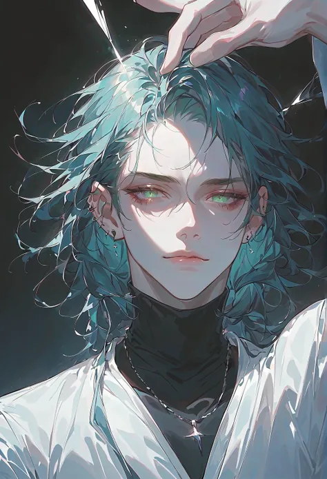 1 person,Alone,male, shortcuts,mullet hairstyle, blue brack Hair,  dark atmosphere , Shining light green Eyes  ,Madness, brack turtleneck, darkness, worn out ,  high res,certainly,A secret smile, silver necklace, piercing, broad shoulders, muscle body, low...