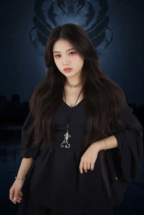 A beautiful young woman embodying the zodiac sign Scorpio. She has long, flowing dark hair that cascades like midnight waves, with hints of deep violet and black. Her eyes are intense and mysterious, a striking shade of deep red or dark purple, with a magn...