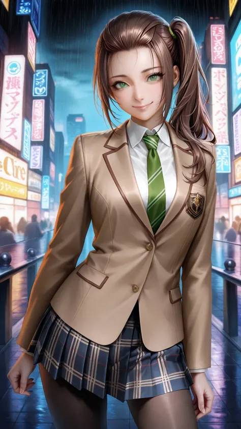 masterpiece, best quality, very aesthetic, realistic detailed anime, Sharp Focus, high contrast, 1girl, detailed green eyes, smile, semi-long hair, dark brown silky hair, hair styled in a center-parted slicked-back look, side ponytail, contrapposto, Captiv...