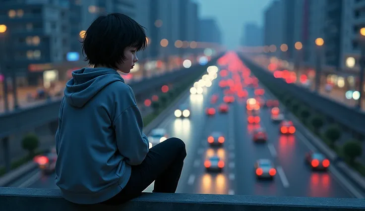 A girl in a gray hoodie, loose black pants, short wavy hair is propped up on a pedestrian bridge and looking from above. There are cars and motorbikes under the bridge. View from above and in front at night