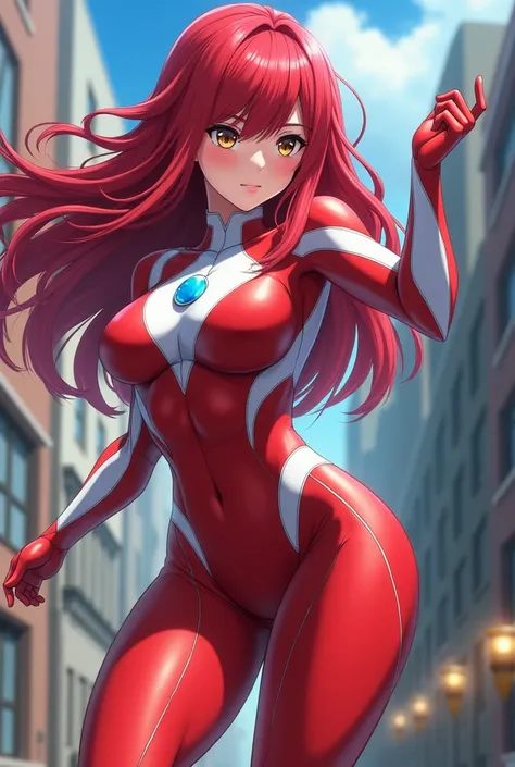 My Hero Academia Style , Anime girl, female, young female ,Full Body Shot,(fighting Pose:1.3),Long hair, Red Hair,  Brown Eyes,Hero Suit, Full Body Suit, red suit with white details,small round blue jewel in the center of the chest, perfect anatomy,  Tough...