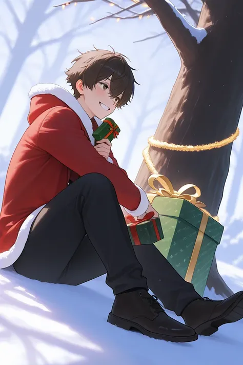 two guys, sitting under tree, christmas, exchange gifts, happy