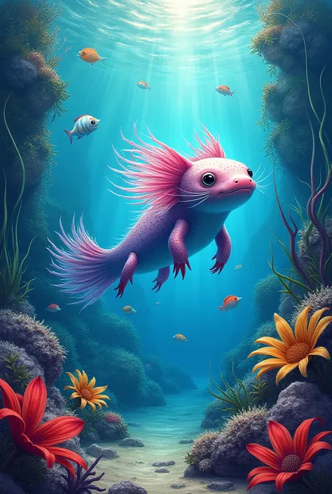 vibrant sea life painting axolotl in foreground. fishes octopuses rock seaweed in background