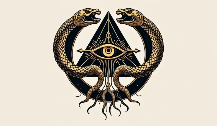 " A minimalist and symbolic 2D logo :  a perfect circle forming the ouroboros ,  represented by two stylized snakes with detailed scales , connected by the tail ,  drawn in fine and precise lines . Inside the circle,  is an equilateral triangle representin...