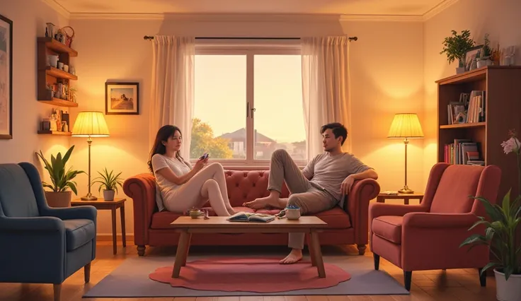 An illustration of a man and a woman sitting comfortably in the living room of a simple house, enjoying a calm evening. The man is wearing casual clothes, and the woman is dressed in a modest outfit. The room is warmly lit, with cozy furniture such as a so...