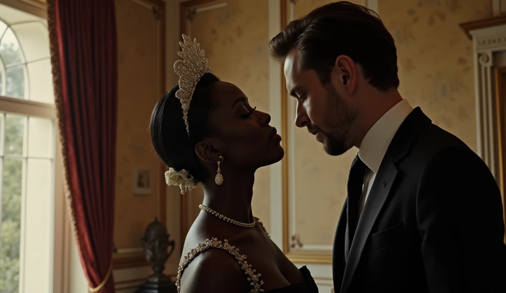 Black maid being humiliated by white man in a suit in a mansion 