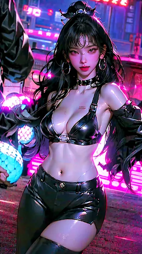 photograph,  live action ,  live action ,  Close-up shot of a beautiful Japanese idol woman cosplaying as a cop、Shiny black bikini .  Her G-cup bust spills out of tight fabric .  The panties are only slightly visible from the miniskirt ,  In addition to it...