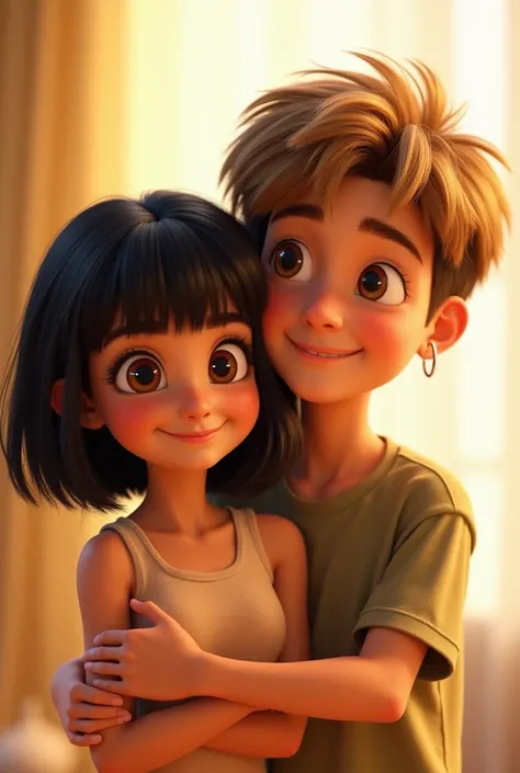 


 brunette girl with a friendly and warm face .  His hair is short and straight ,  Imagine with tips that fall just below his chin .  The color of his hair is jet black ,  with a subtle shine that stands out in the Pixar style ,  where the hair has a tou...