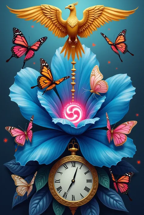 Seven different  thick coloured  seven butterflies sitting in each petals and a  full pink swastik in pistil middle  of blue  flower. A  clock at  the bottom of petals  and beautiful Golden Phoenix in side vew  at top of image 