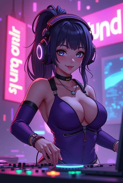 Generate image anime girl with big boobs, Dj, have headphones, them is purple, have screen LED banner flashing words says "SYNTH GIRL FUND"