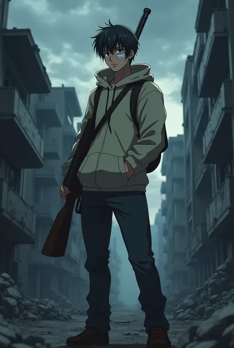 A man in a cream hoodie, a bandage over his left blind eye, and a rifle slung over his shoulder, standing in front of camera with his face turned to the left side, his body still facing camere in full display, anime art style, night theme, ruined buildings...