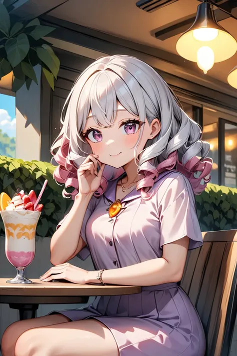 A girl with long , curly , silver hair with pink locks ,  pink eyes in cute , short, summer, lilac jumpsuit with orange magic stone brooch,  sitting in a cafe drinking a milkshake with sweets 