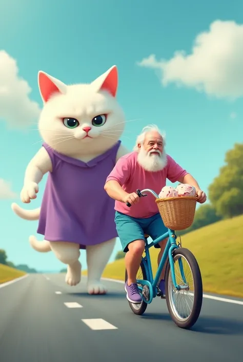 A giant white cat wearing a purple dress with a serious expression is running on a highway, chasing an elderly man with a white beard riding a blue bicycle. The man is wearing a pink shirt and blue shorts, carrying a basket full of melting ice cream. The b...