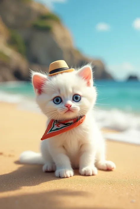 Real image of a kitten in white feet with blue eyes on the beach wearing tourist clothes