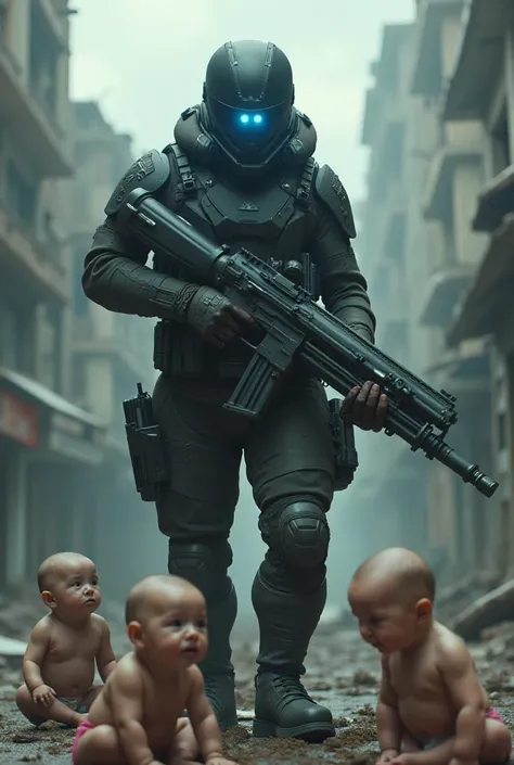 A soldier using an experimental weapon that turns everyone into babies