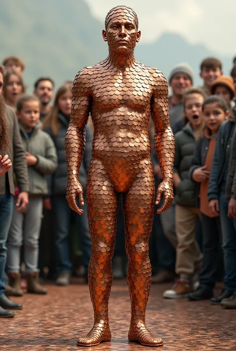 Man is made from a lot of pennies and there are a lot of surprised people in the background 