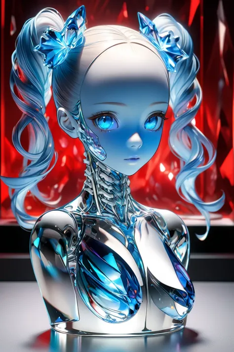    Ultra High Resolution 3DCG Concept Art   .   Organic Android Surrealist Portrait Made with Clear Crystal Glass、  Android has a human head  、   The whole thing is made of crystal  、 Blue hair hairstyle  ,   twin tails, Beautiful Blue   。 Clear blue eyes ...