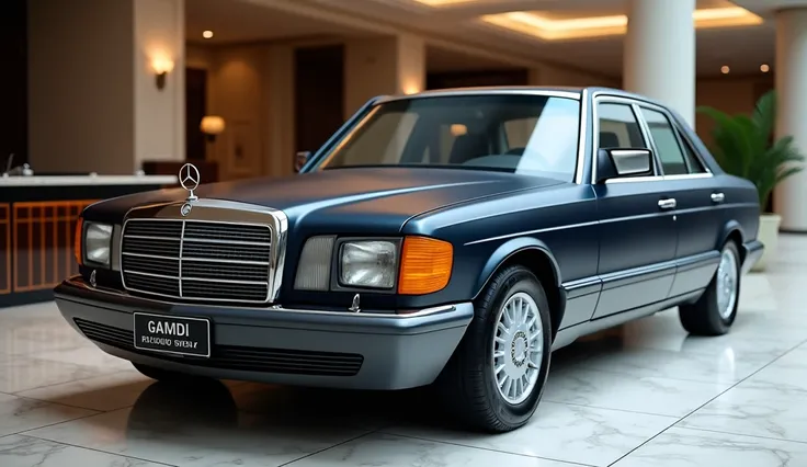 "A close-up straight front view of a luxurious 1980 Mercedes Benz 3000D in navy blue color, with a matte and non-shiny finish, parked alone in a high-end showroom with marble tile flooring. The showroom features a sophisticated and elegant design with soft...