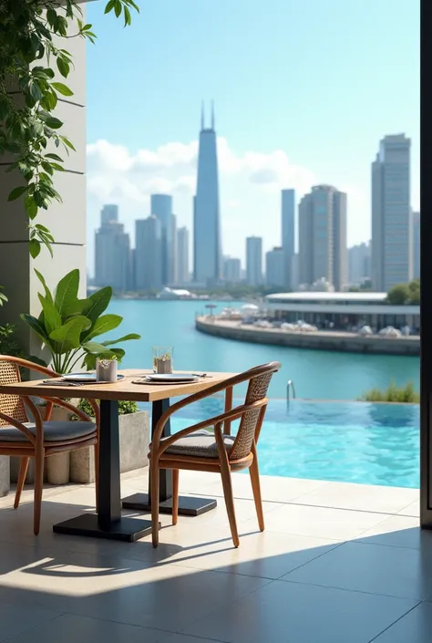 a close up of a table and chairs near a pool, city views, port city, “hyper realistic, hyper realistic ”, hyper realistic”, discovered photo, city view, easy, beautiful view, complex city, hyperrealistic ”, hyperrealistic”, mixed development, flat, extreme...