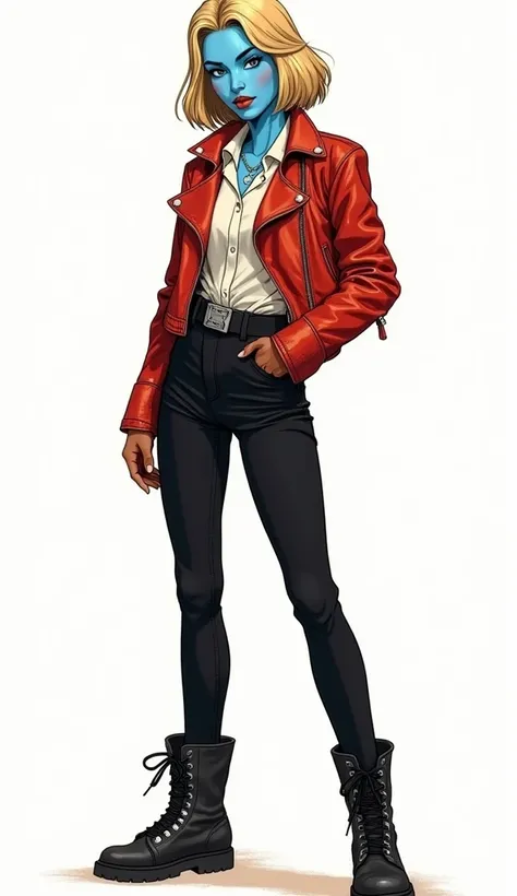 a female character with light blue skin inspired by star wars,she is wearing a red leather jacket,black pants, and boots. the illustration is in a detailled, vintage comic book art style,with dark azure and oranges tones, remininiscent of an 80s anime stil...