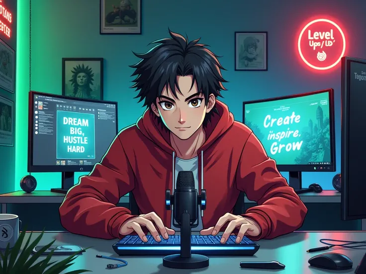 "Create an anime-style illustration of a confident and mature young man with sharp features, expressive eyes, and slightly tousled hair for added charm. He is sitting in a futuristic YouTube studio, wearing a stylish red hoodie with subtle green and blue a...