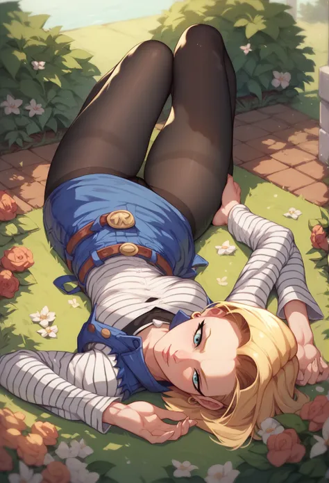 Android 18 wearing a short skirt with black tights in the garden, lying on the ground with her hands on the ground behind her and open her legs 