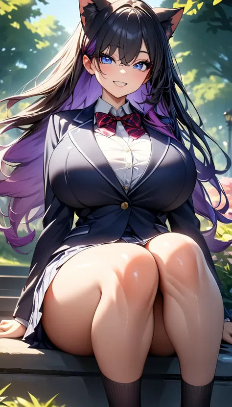 妖艶なCat ears女子校生, ( 1 girl), Cat ears女性のセクシーショット,  colorful hair,  long hair,  gradation hair ,  blue eyes, ((Big Breasts:1.2)), Cat ears, JK,  blazer,  school uniform:1.2,  Black Sox , Smile and open your mouth :1.2,  dynamic angle ,  friendly atmosphere ,...