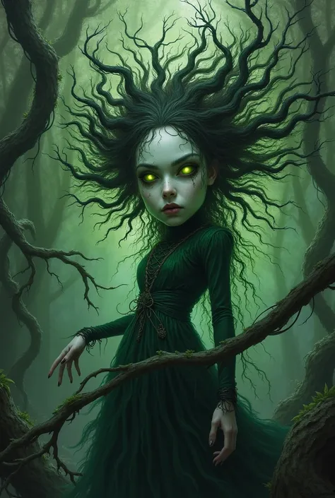 an evil goddess of nature, with a pale face, bright green eyes, her hair is branches with leaves