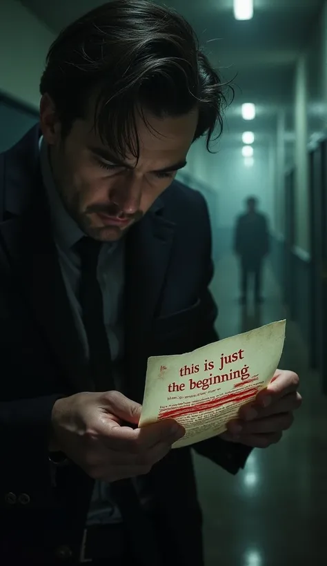 john holds up a second note left behind by the killer. The words: "This is just the beginning," are scrawled in red ink.
Camera pans out as ominous shadows move in the background.