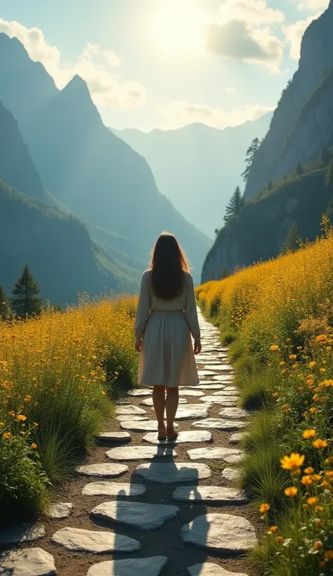  A person walking along a stone path ,  with a soft light guiding your steps .  The surrounding landscape may be a flowery field ,  a tranquil forest or imposing mountains,  representing the challenges and the beauties of life .  The persons expression mus...