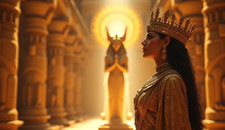 Queen of ancient Egypt adorned in gold and precious stones revering the goddess Isis ,  cinematic image , High definition color , 4K