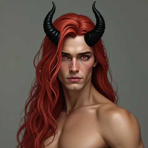 A handsome, model like guy with long red hair, black sclera, red irises, slit pupils, tanned skin, large black devil horn from his forehead, no shirt, smooth skin, calm expression, soft features, 