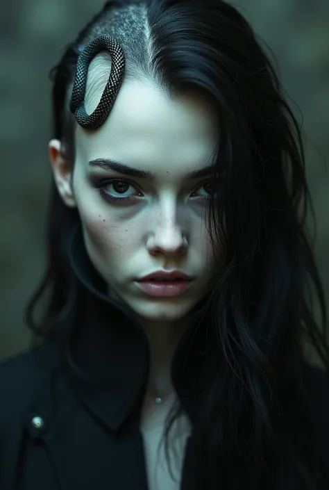 Woman with pale skin and black eyes, black hair on only one side if her face and a snake tattoo on the other side of the scalp
