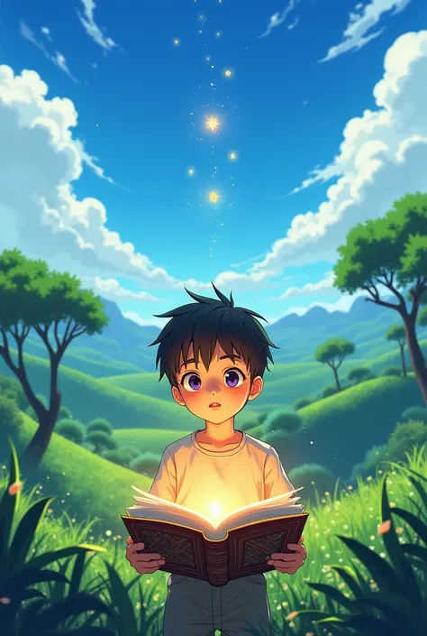 A boy looks at a book that has fallen from heaven and I want the drawing to be like Al-Manka. Follow the anime but colorful